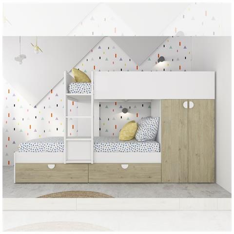 Cameretta Con Letto A Castello Con Cassettoni E Armadio Reversibile Colore Rovere E Bianco - Foto 1
