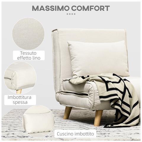 Poltrona Letto 2 in 1 con Schienale Regolabile e Cuscino, in Tessuto Effetto Lino, 72x78x79cm - Foto 2