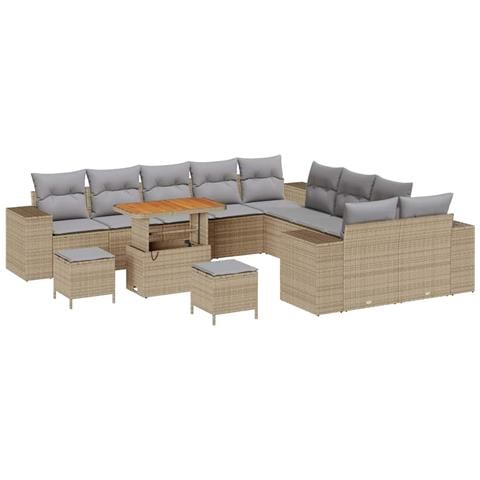 Set Divano da Giardino 13 Pezzi con Cuscini Beige in Polyrattan Acacia,  Set da Pranzo da Giardino 3 Pezzi con Cuscini Beige in Polyrattan Acacia - Foto 1