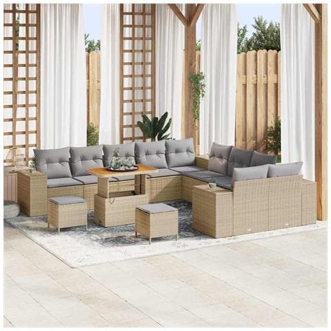 Set Divano da Giardino 13 Pezzi con Cuscini Beige in Polyrattan Acacia,  Set da Pranzo da Giardino 3 Pezzi con Cuscini Beige in Polyrattan Acacia - Foto 2