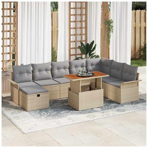 Set Divano da Giardino 9 Pezzi con Cuscini Beige in Polyrattan - Foto 2