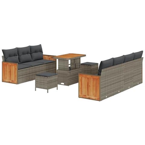 Set Divano Giardino da 10 Pezzi con Cuscini Grigio Rattan Polimerico Acacia,  Set da Pranzo Giardino da 3 Pezzi con Cuscini Grigio Rattan Polimerico Acacia - Foto 1