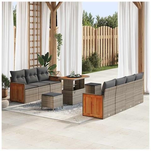 Set Divano Giardino da 10 Pezzi con Cuscini Grigio Rattan Polimerico Acacia,  Set da Pranzo Giardino da 3 Pezzi con Cuscini Grigio Rattan Polimerico Acacia - Foto 2