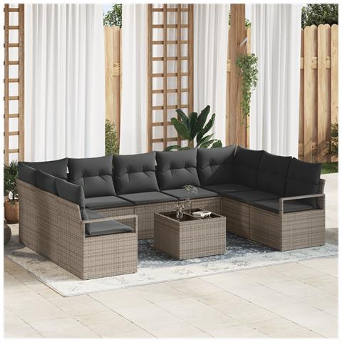 Set di divani da giardino  9 pezzi con cuscini in polyrattan nero, Divano da giardino  2 posti con cuscini in polyrattan grigio - Foto 2