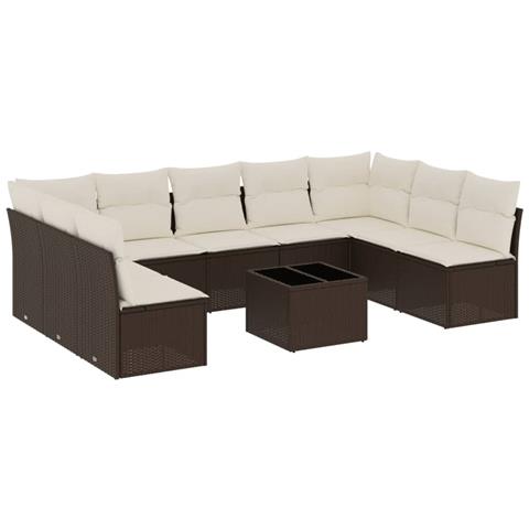 Set Divani da Giardino 10pz con Cuscini in Polyrattan Marrone - Foto 1