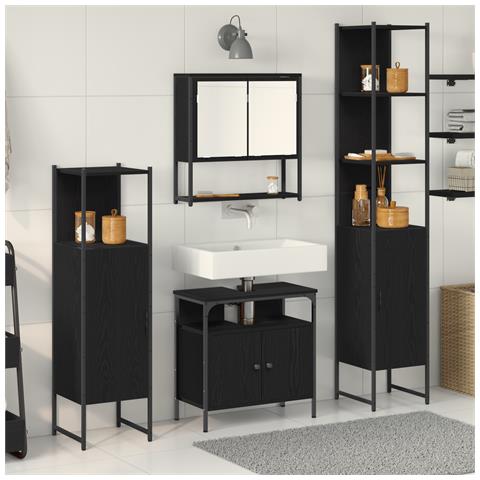 Set di mobili per bagno in 4 pezzi in legno ingegnerizzato effetto rovere nero - Foto 2