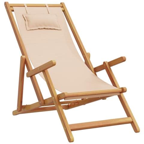 Sedia da Spiaggia Pieghevole Beige Legno di Eucalipto e Tessuto - Foto 1