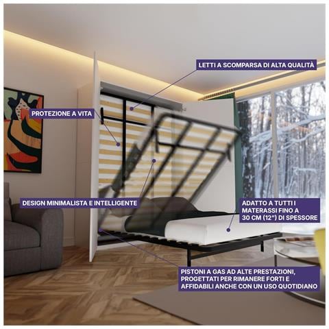 Letto a Scomparsa Verticale Classic 160 x 200 - Meccanismo a Pistone a Gas, Supporta fino a 350kg, Design Salva-spazio, Montaggio Facile, Compatibile con Materassi (Spessore Fino a 30cm) - Foto 4