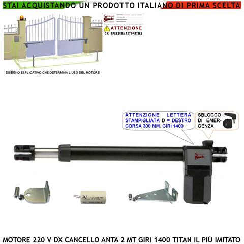 Motore Titan 230v Ricambio Cancello Anta Lato Destro Corsa Stelo 300 Mm Dotato Di Staffe E Bulloni Sblocco A Chiave Po - Foto 1