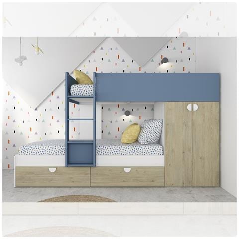 Cameretta Con Letto A Castello Con Cassettoni E Armadio Reversibile Colore Rovere E Azzurro - Foto 1