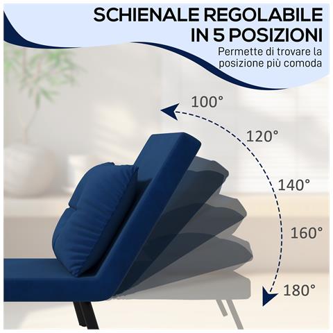 Poltrona Letto 3 in 1 con Schienale Reclinabile e Cuscino, in Tessuto Effetto Velluto, 63x73x81 cm, Blu - Foto 2