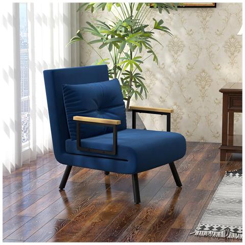 Poltrona Letto 3 in 1 con Schienale Reclinabile e Cuscino, in Tessuto Effetto Velluto, 63x73x81 cm, Blu - Foto 6