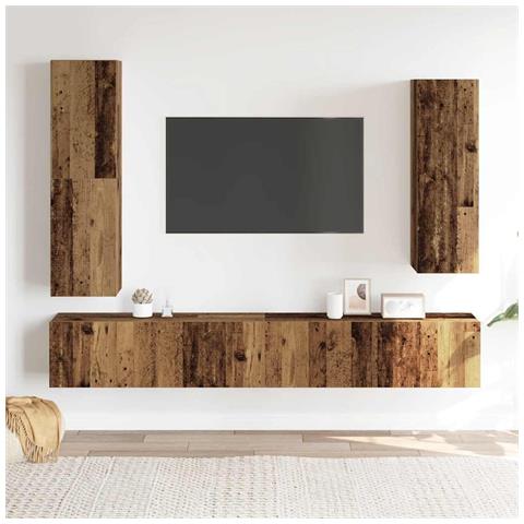 Set Mobile Tv 4 Pz Montato A Parete Legno Antico In Truciolato - Foto 3