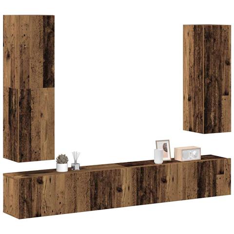 Set Mobile Tv 4 Pz Montato A Parete Legno Antico In Truciolato - Foto 1