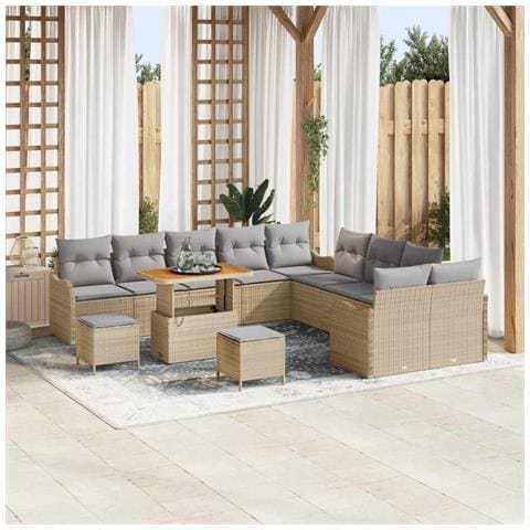 Set Divano da Giardino 13 Pezzi con Cuscini Beige in Rattan Acacia, Divano da Giardino 2 Posti con Cuscini Beige in Rattan, Set da Pranzo per Giardino 3 Pezzi con Cuscini Beige in Rattan Acacia - Foto 2