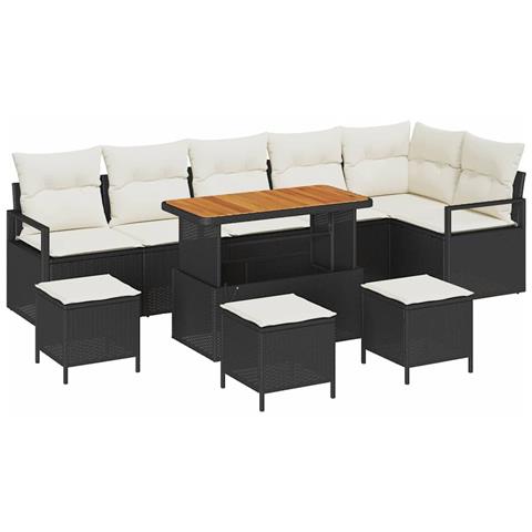 Set Divano Giardino da 10 Pezzi con Cuscini Nero Polyrattan Acacia,  Divano Giardino 2 Posti con Cuscini Nero Polyrattan,  Set da Pranzo Giardino 4 Pezzi con Cuscini Nero Polyrattan Acacia - Foto 1