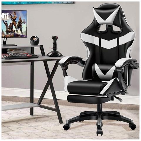 Sedia Gaming Da Scrivania Con Poggiapiedi E Cuscino Lombare E Cervicale Nero E Bianco - Foto 1