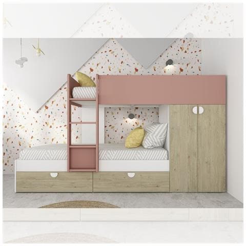 Cameretta Con Letto A Castello Con Cassettoni E Armadio Reversibile Colore Rovere E Rosa Antico - Foto 1