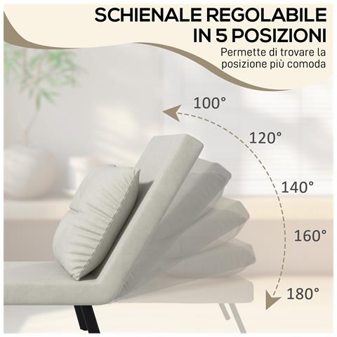 Poltrona Letto 3 in 1 con Schienale Reclinabile e Cuscino, in Tessuto Effetto Velluto, 63x73x81 cm, Crema - Foto 2