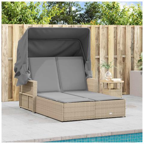 Lettino Doppio Con Baldacchino E Cuscini Beige Misto Polyrattan - Foto 3