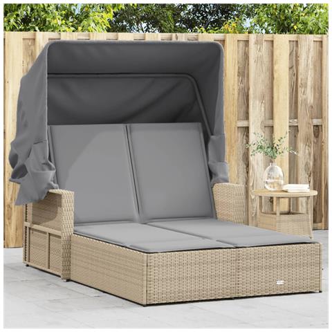 Lettino Doppio Con Baldacchino E Cuscini Beige Misto Polyrattan - Foto 1