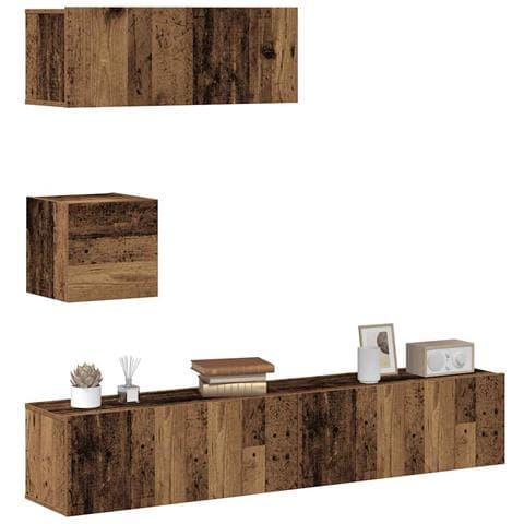 Set Mobile Tv 4 Pz Montato A Parete Legno Antico In Truciolato - Foto 1