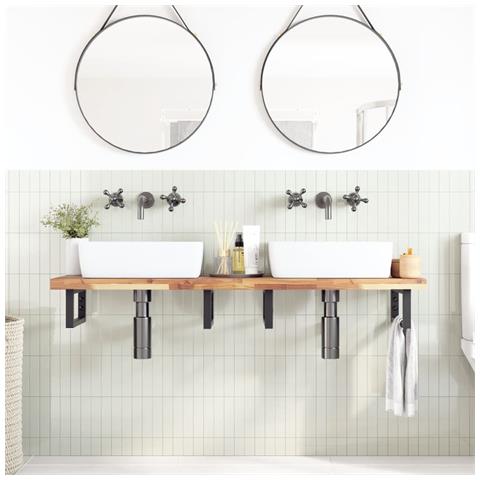 Ripiano A Parete Per Lavabo In Acciaio E Massello Di Acacia - Foto 2