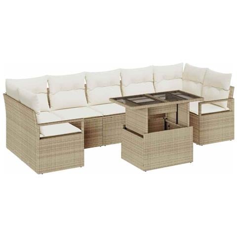 Set da divano da giardino  8 pezzi con cuscini Beige Poly Rattan, Divano da giardino  2 posti con cuscini Beige Poly Rattan - Foto 1