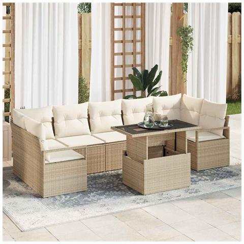 Set da divano da giardino  8 pezzi con cuscini Beige Poly Rattan, Divano da giardino  2 posti con cuscini Beige Poly Rattan - Foto 2