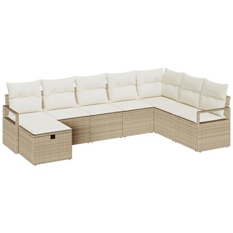 Set di divano da giardino 8 pezzi con cuscini in polyrattan beige, Divano da giardino 2 posti con cuscini in polyrattan beige - Foto 1