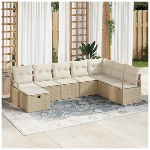 Set di divano da giardino 8 pezzi con cuscini in polyrattan beige, Divano da giardino 2 posti con cuscini in polyrattan beige - Foto 2