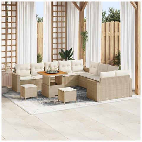 Set Divano da Giardino 13 Pezzi con Cuscini Beige in Rattan e Acacia,  Set da Pranzo da Giardino 3 Pezzi con Cuscini Beige in Rattan e Acacia - Foto 2