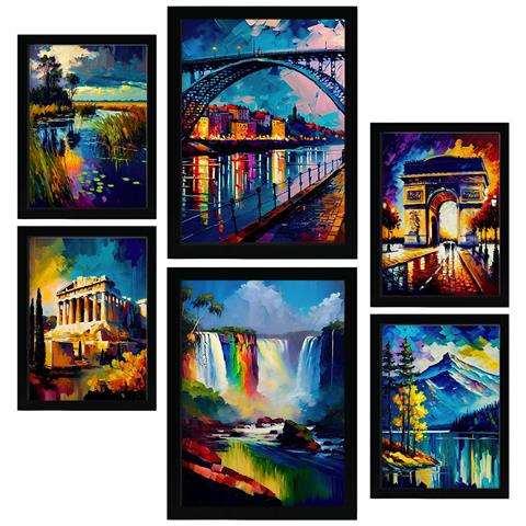 Set Di 6 Stampe Arcobaleno In Stile Dipinto A Olio. Illustrazioni Di Monumenti E Città In Stile Fotografico A Colori. A3 & A4 Cornice Nera - Foto 1