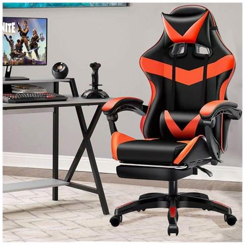 Sedia Gaming Da Scrivania Con Poggiapiedi E Cuscino Lombare E Cervicale Nero E Rosso - Foto 1