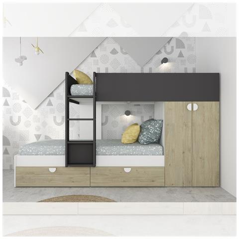 Cameretta Con Letto A Castello Con Cassettoni E Armadio Reversibile Colore Rovere E Antracite - Foto 1