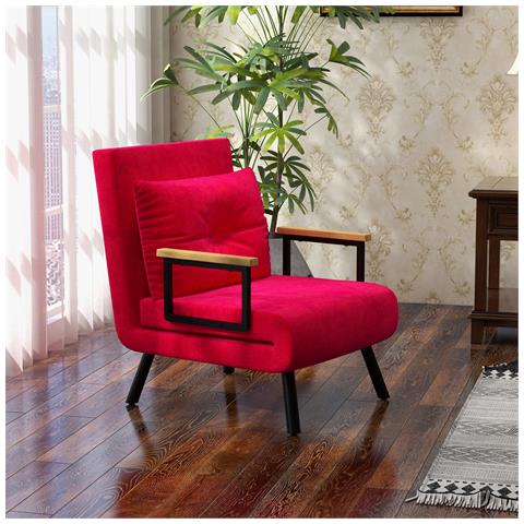 Poltrona Letto 3 in 1 con Schienale Reclinabile e Cuscino, in Tessuto Effetto Velluto, 63x73x81 cm, Rosso - Foto 2