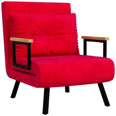 Poltrona Letto 3 in 1 con Schienale Reclinabile e Cuscino, in Tessuto Effetto Velluto, 63x73x81 cm, Rosso - Foto 1