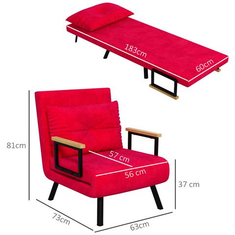 Poltrona Letto 3 in 1 con Schienale Reclinabile e Cuscino, in Tessuto Effetto Velluto, 63x73x81 cm, Rosso - Foto 6
