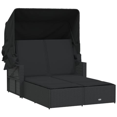 Lettino Prendisole Doppio Baldacchino E Cuscini Nero Polyrattan - Foto 2