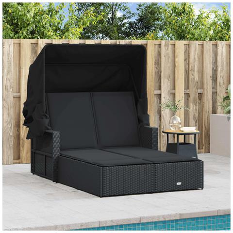 Lettino Prendisole Doppio Baldacchino E Cuscini Nero Polyrattan - Foto 3