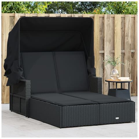 Lettino Prendisole Doppio Baldacchino E Cuscini Nero Polyrattan - Foto 1