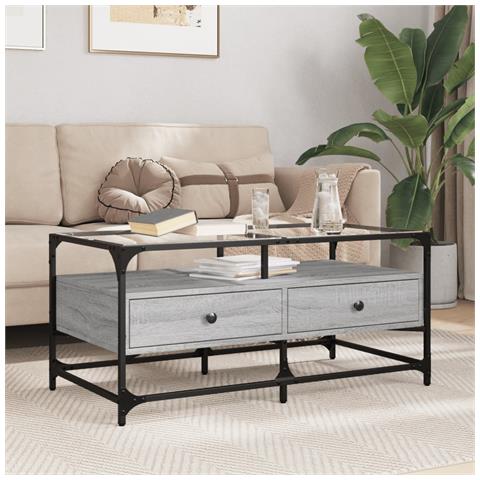 Lusso Casadino -  Tavolino Con Piano In Vetro Grigio Cemento 98,5x50x45cm Acciaio - Foto 8