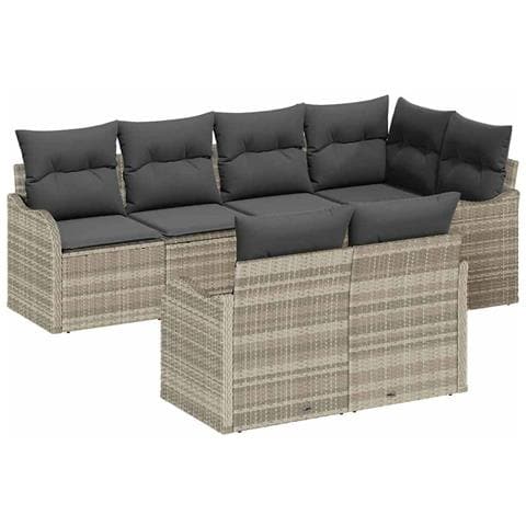 Set Divani Giardino 7 pezzi Cuscini Grigio Chiaro Polyrattan,  Divano Giardino 2 posti Cuscini Grigio Chiaro Polyrattan - Foto 1