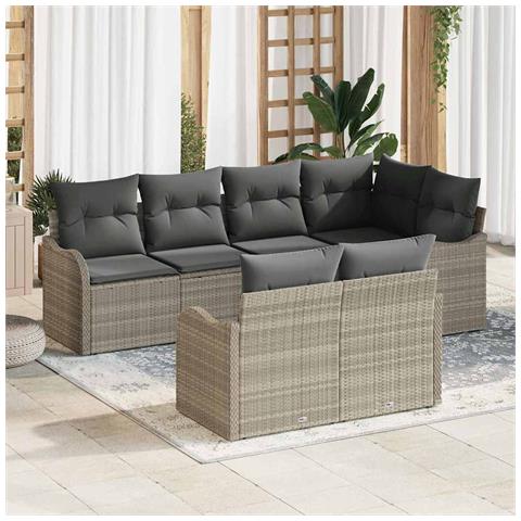 Set Divani Giardino 7 pezzi Cuscini Grigio Chiaro Polyrattan,  Divano Giardino 2 posti Cuscini Grigio Chiaro Polyrattan - Foto 2