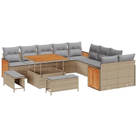 Set Divano da Giardino 13 Pezzi con Cuscini Beige in Rattan e Polipropilene, Divano da Giardino 2 Posti con Cuscini Beige in Rattan e Polipropilene, Set da Pranzo per Giardino 3 Pezzi con Cuscini Beige in Rattan e Polipropilene - Foto 1