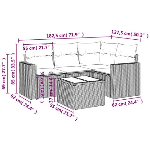 Set Divano da Giardino 5pz con Cuscini Grigio Chiaro Polyrattan - Foto 3