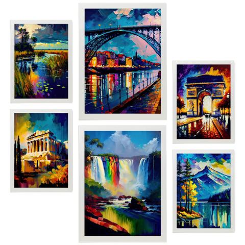 Set Di 6 Stampe Arcobaleno In Stile Dipinto A Olio. Illustrazioni Di Monumenti E Città In Stile Fotografico A Colori. A3 & A4 Cornice Bianca - Foto 1