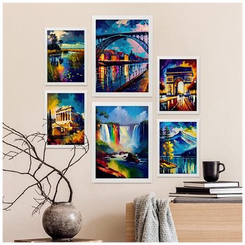 Set Di 6 Stampe Arcobaleno In Stile Dipinto A Olio. Illustrazioni Di Monumenti E Città In Stile Fotografico A Colori. A3 & A4 Cornice Bianca - Foto 5