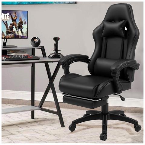 Sedia Gaming Da Scrivania Con Poggiapiedi E Cuscino Lombare E Cervicale Nero - Foto 1