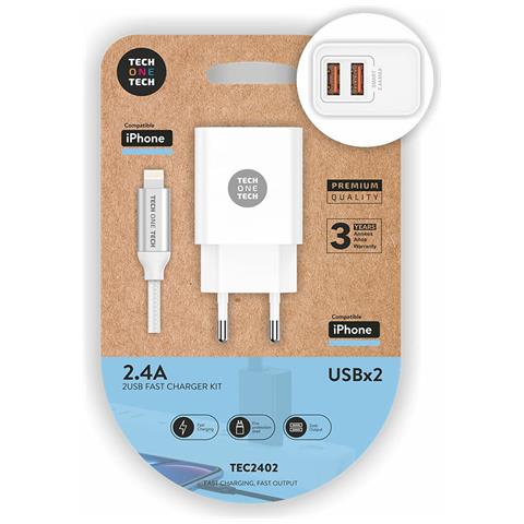 Caricatore A Wall A Doppia Wall Techonch + Usb -a Cavo Un Fulmine 1m - Coavend Of Colpzed Nylon - Foto 1